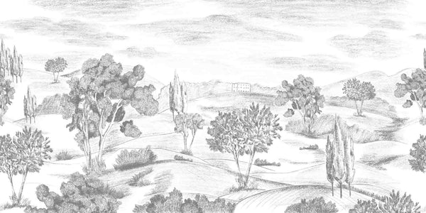 grey_A wallpaper mural featuring a landscape with trees and a subtle pattern sketch