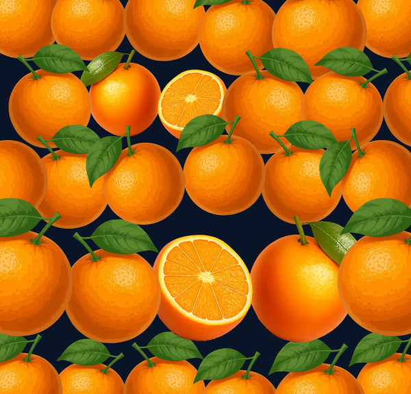 navy_Oranges with green leaves on a navy background