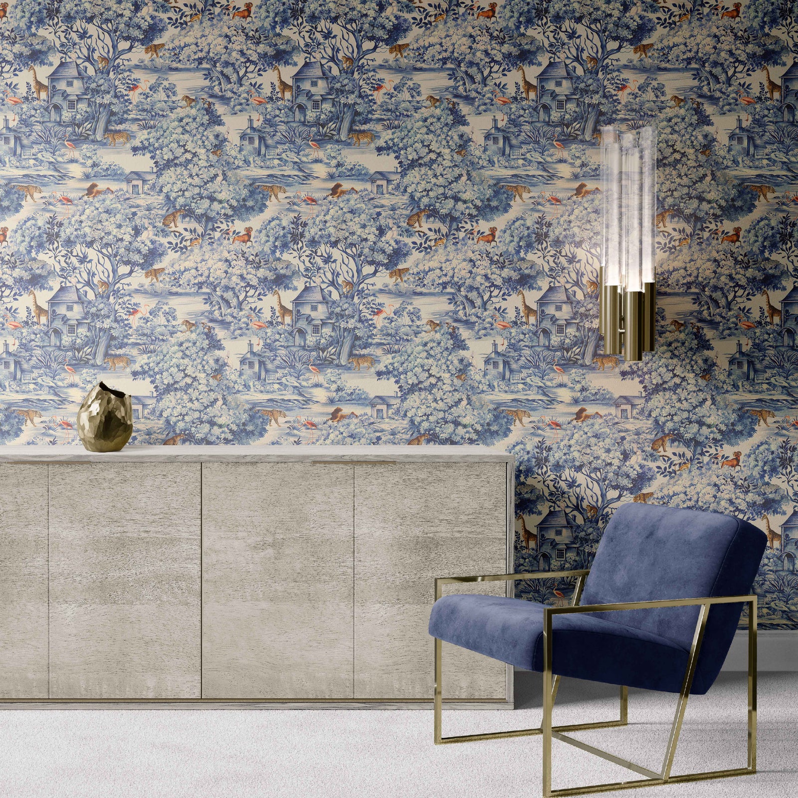 cream_Traditional wallpaper featuring a blue and white toile pattern with animals such as giraffes, lions, and flamingos, along with a depiction of a house and trees.