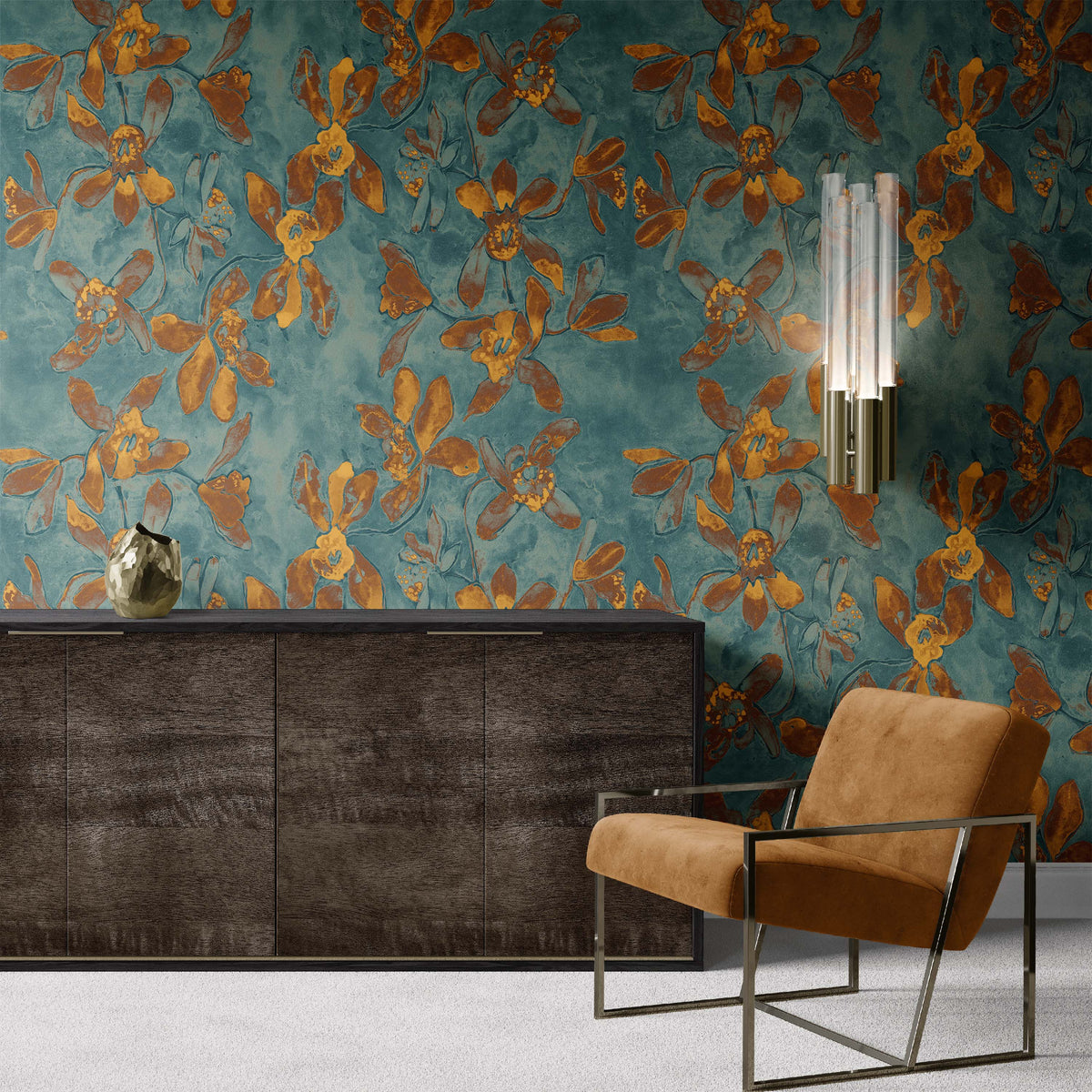 blue_A section of ornate wallpaper featuring a floral pattern with orange flowers on a blue background.