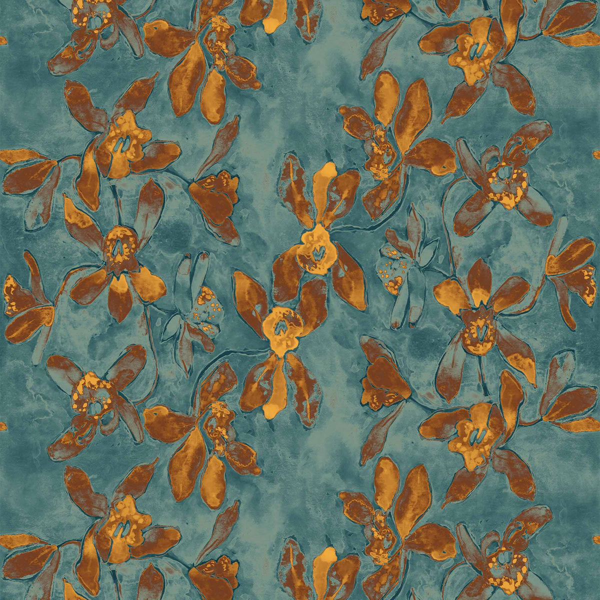 blue_A section of ornate wallpaper featuring a floral pattern with orange flowers on a blue background.