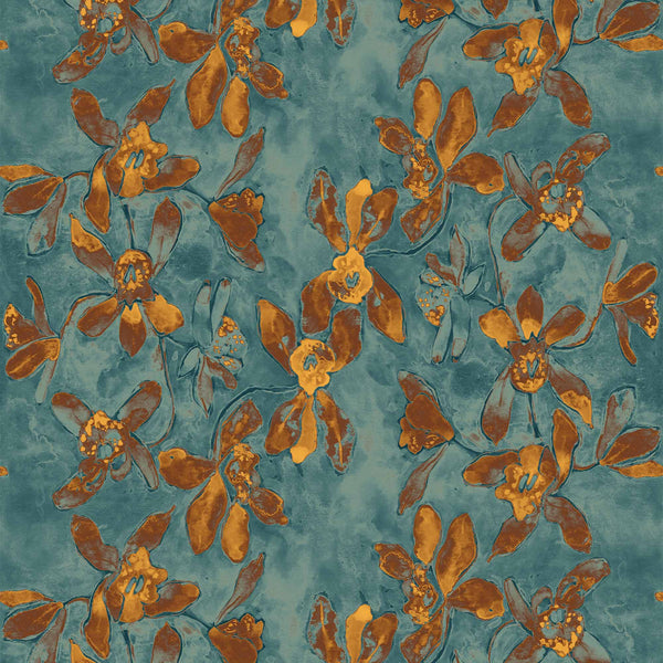 blue_A section of ornate wallpaper featuring a floral pattern with orange flowers on a blue background.