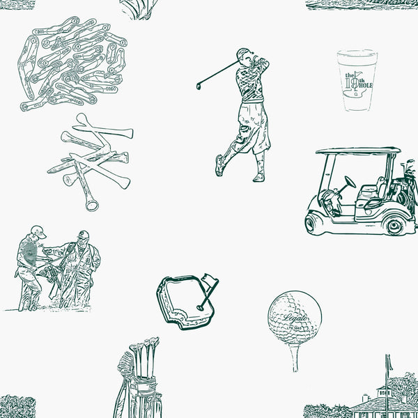 white_A wallpaper featuring various golfing images such as golf clubs, a golf ball, a golfer swing, a golf cart, and a golf course.