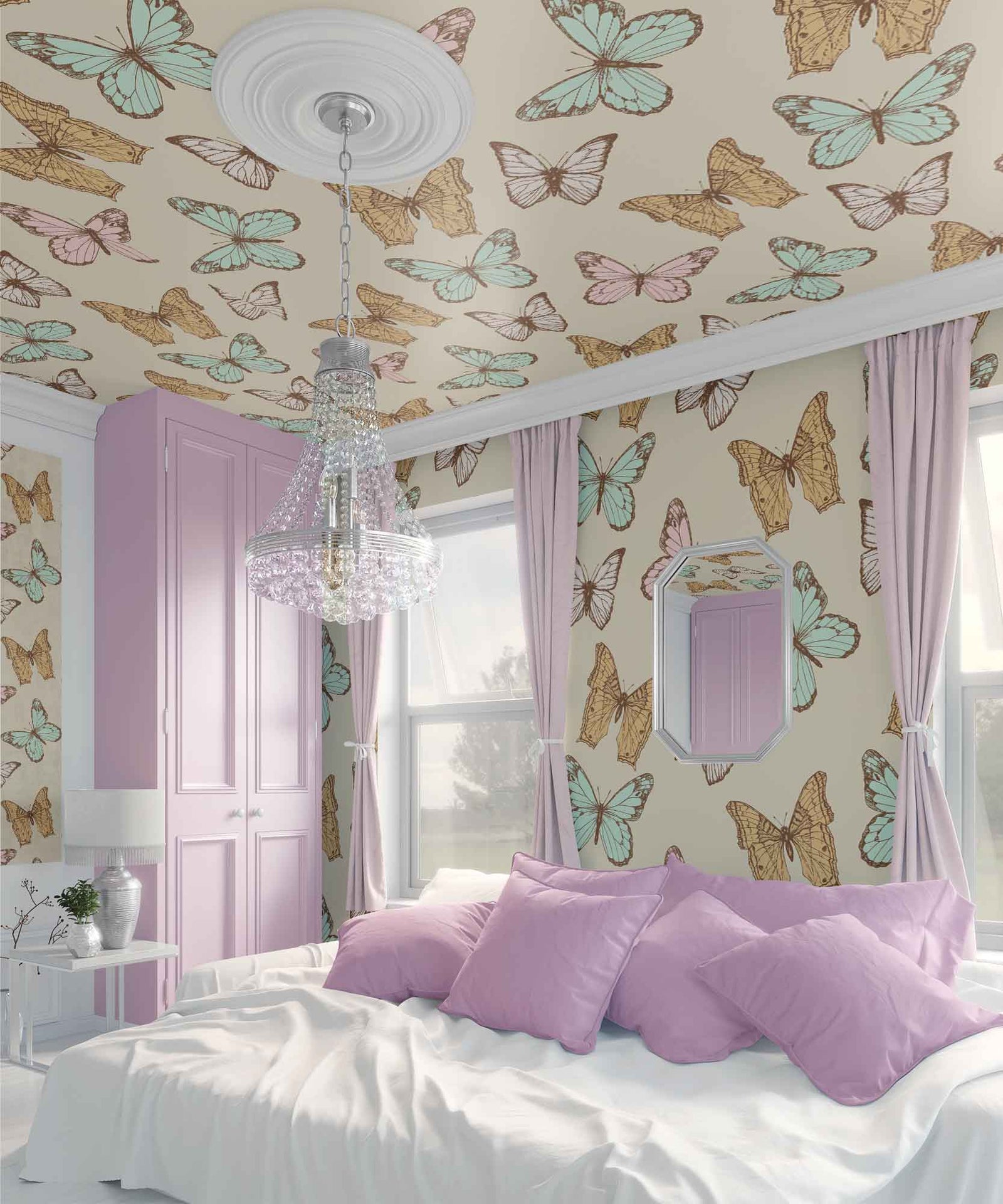 cream_A wallpaper pattern featuring various colorful butterflies in different shades of pastel colors on a beige background.
