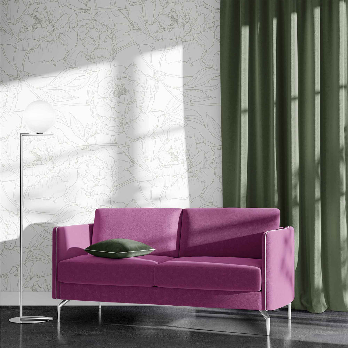sage_A wallpaper with a repeated pattern of sage line drawings of peony flowers on a white background.