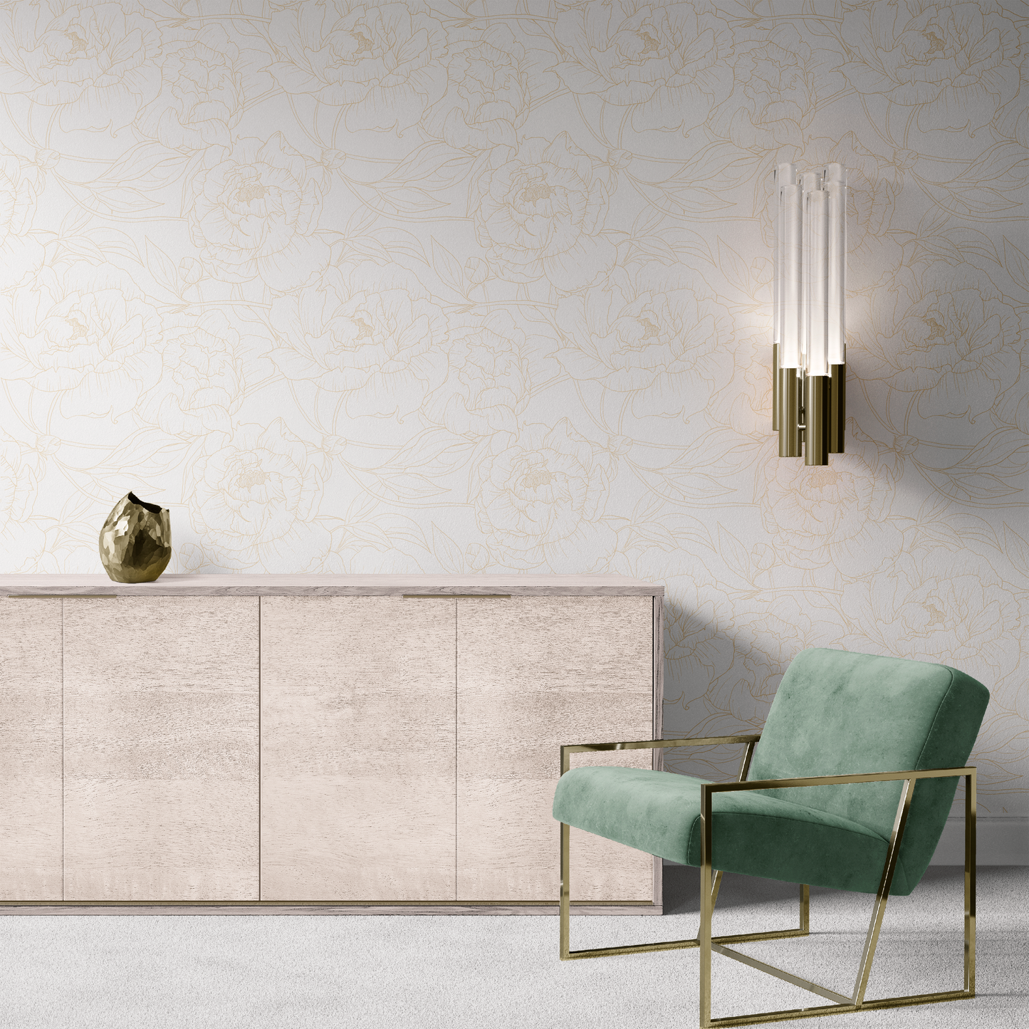 gold_A wallpaper with a repeated pattern of gold line drawings of peony flowers on a white background.
