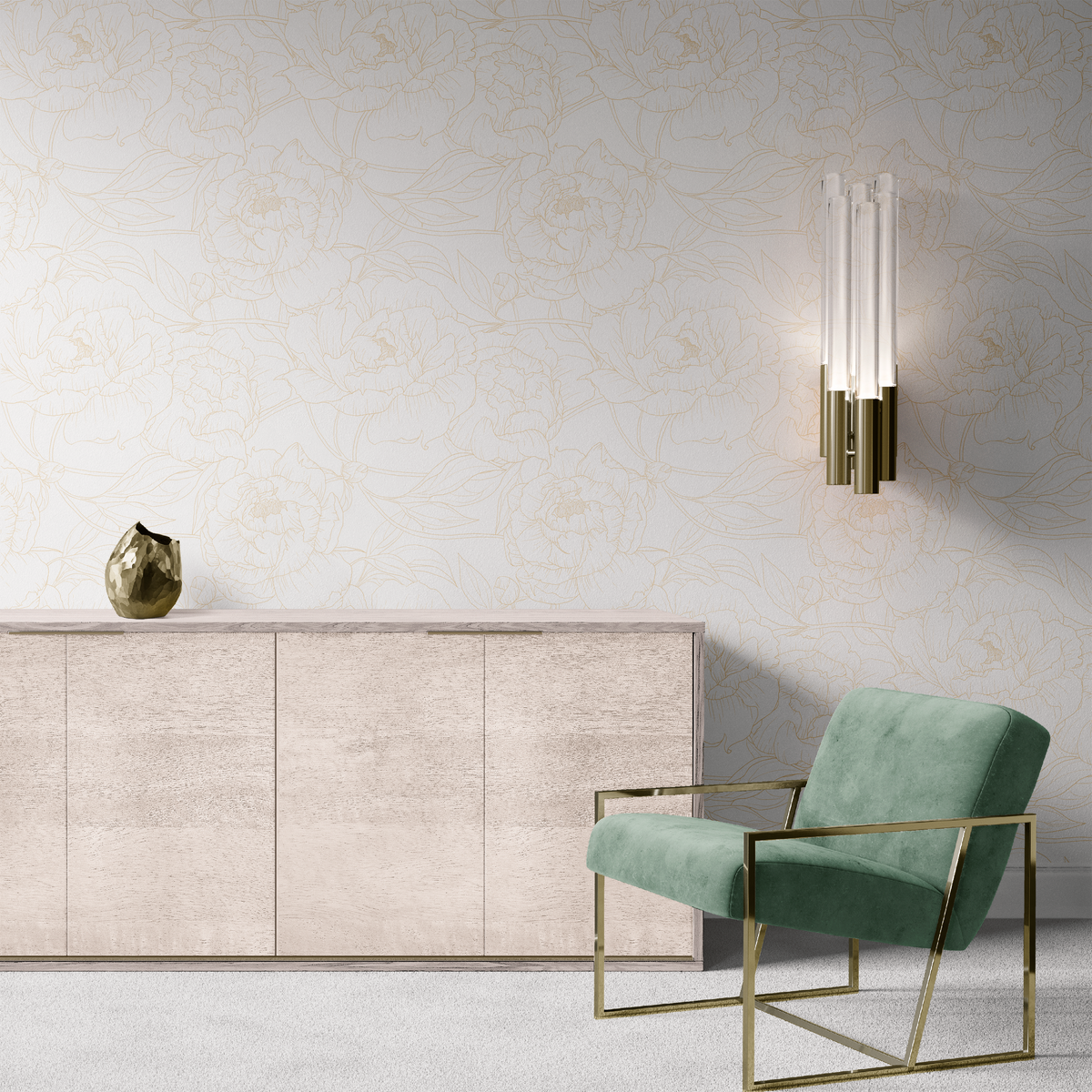 gold_A wallpaper with a repeated pattern of gold line drawings of peony flowers on a white background.