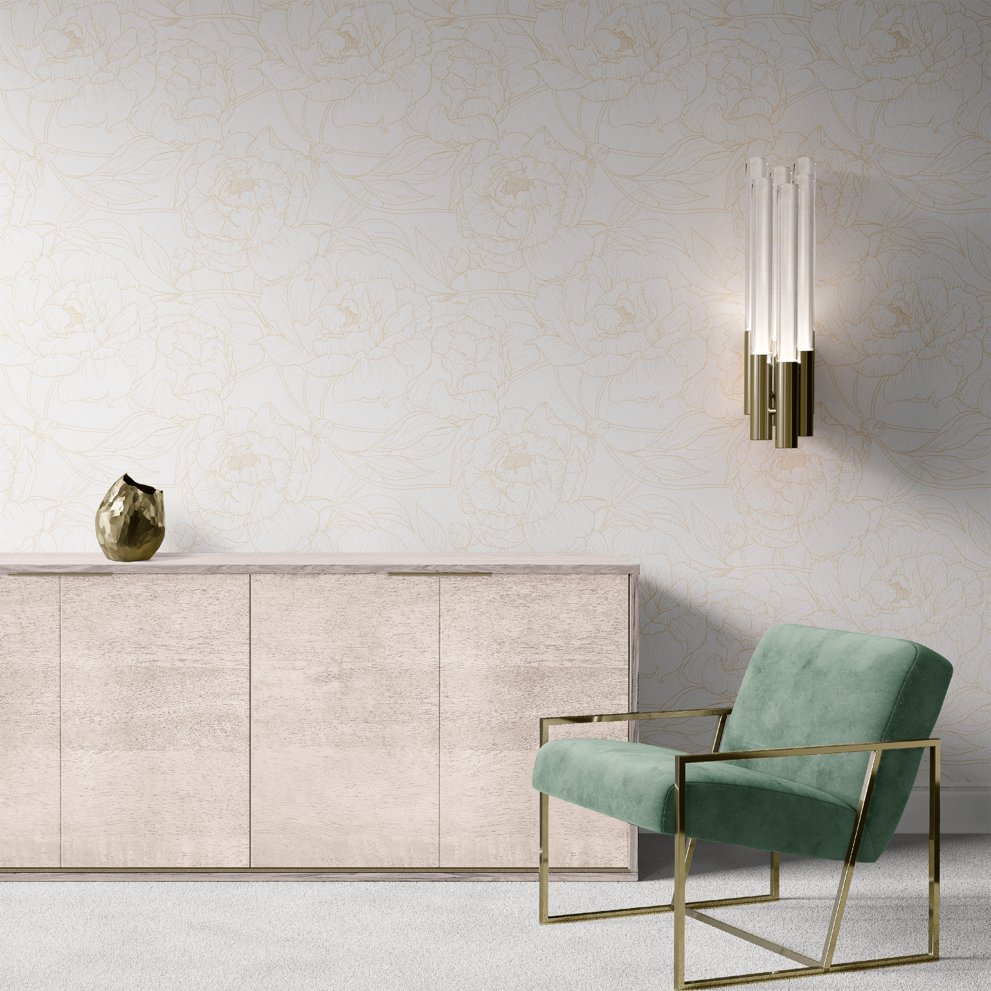 gold_A wallpaper with a repeated pattern of gold line drawings of peony flowers on a white background.