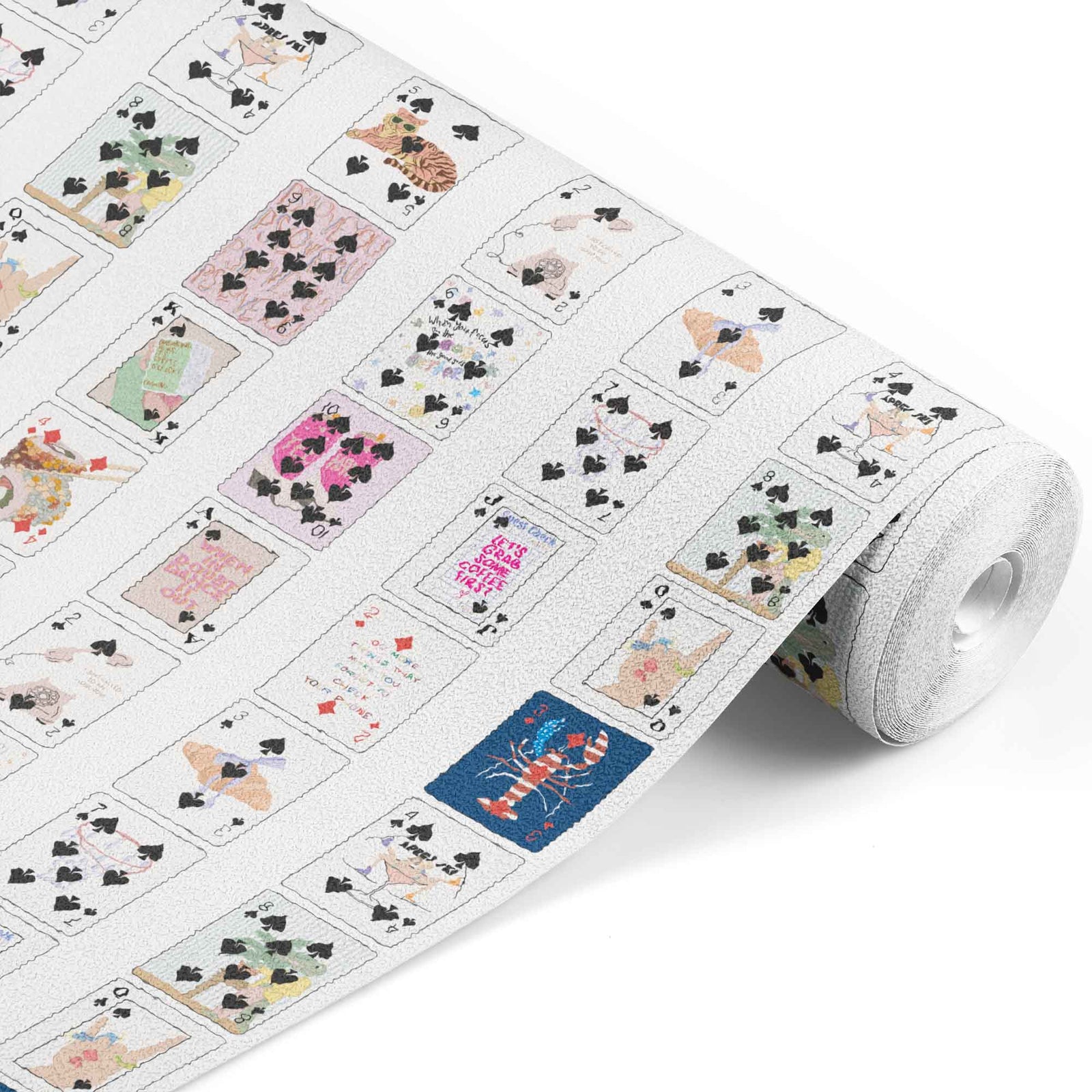 white_Set of playing cards with unique designs and text on each card.