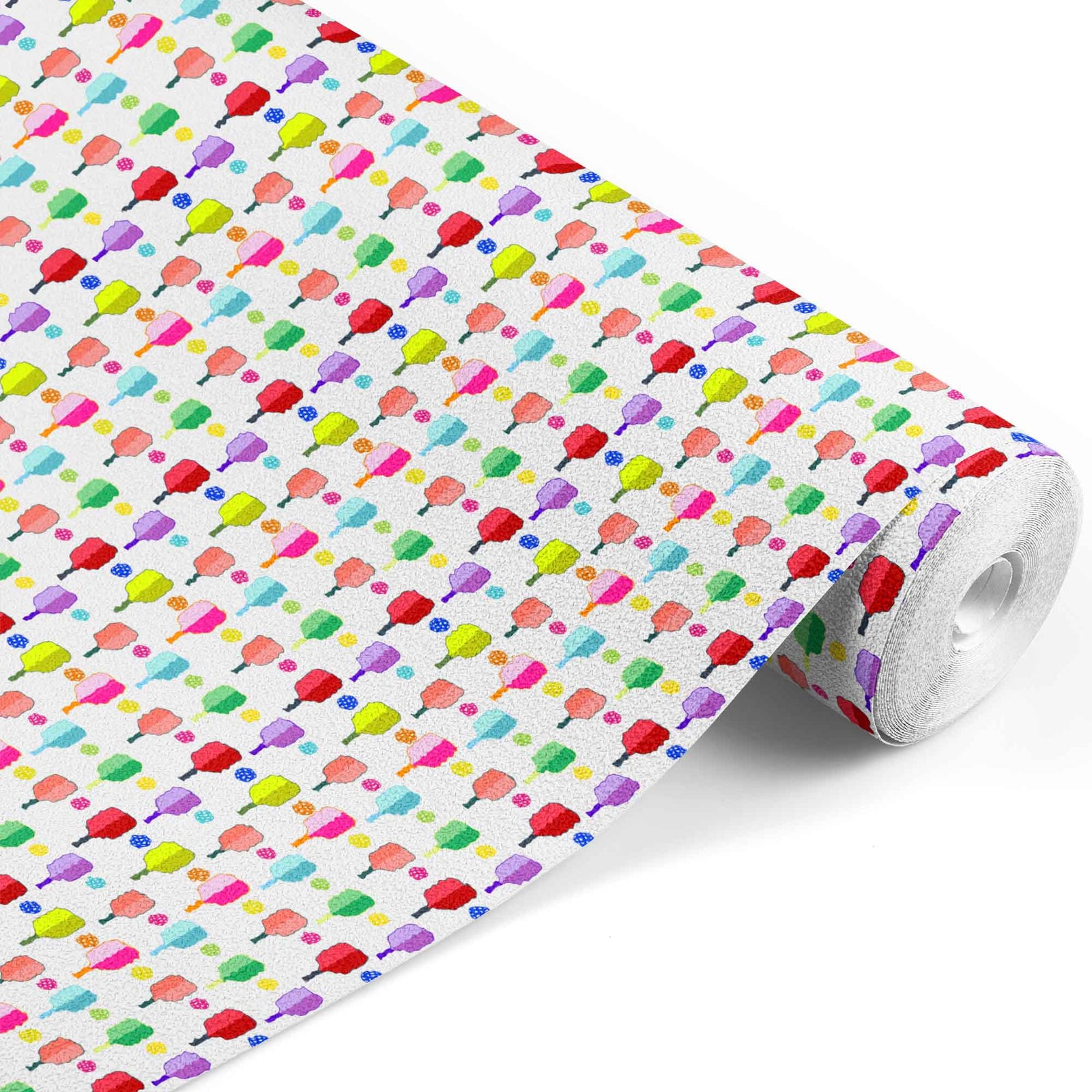 white_A pattern of colorful pickleball paddles and balls on a white background.