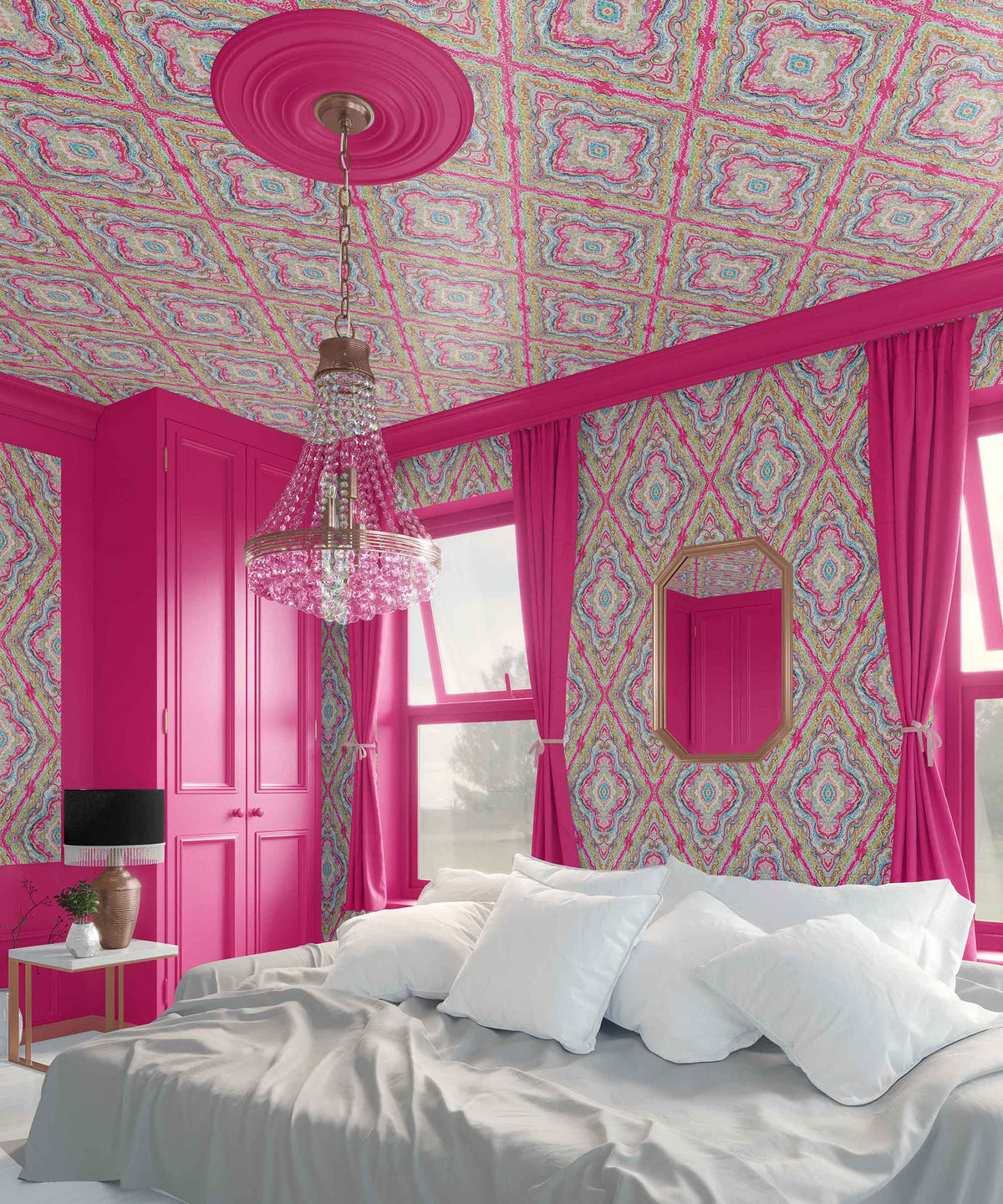 pink_A vibrant room with pink walls featuring a traditional paisley wallpaper pattern, ceiling painted in a contrasting color, and a crystal chandelier.