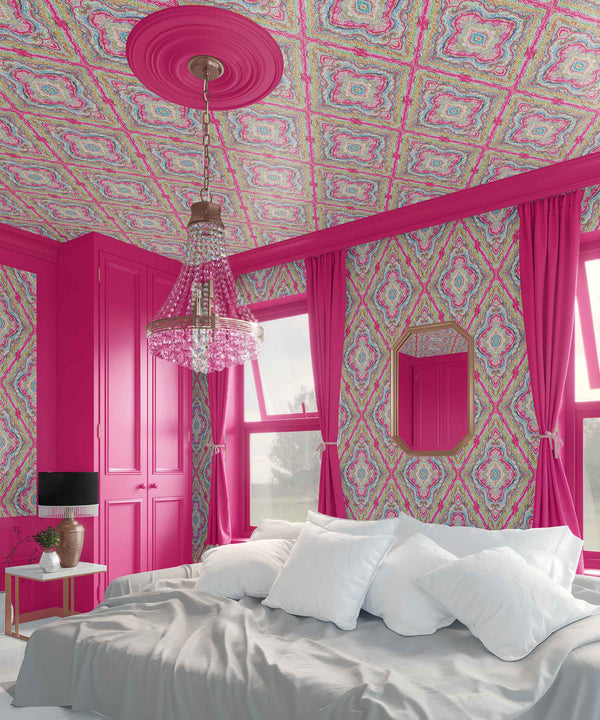 pink_A vibrant room with pink walls featuring a traditional paisley wallpaper pattern, ceiling painted in a contrasting color, and a crystal chandelier.