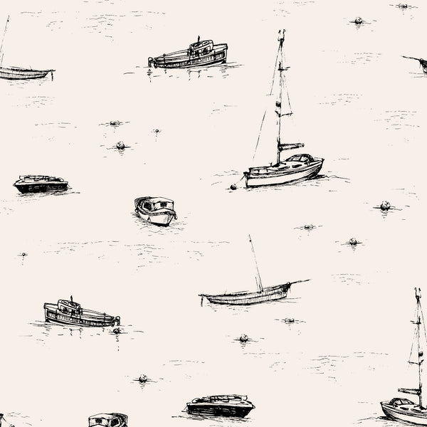 beige_A wallpaper with a black and beige sketch pattern featuring boats on the ocean.