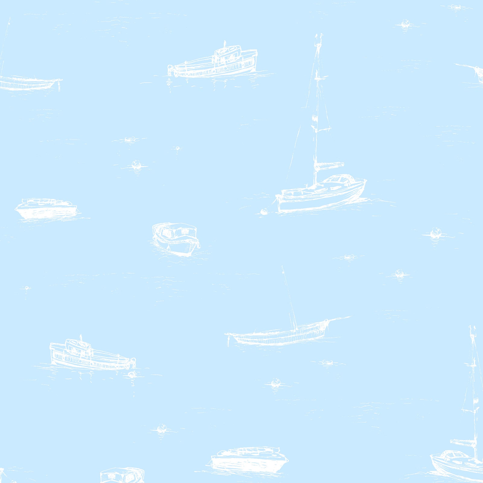 light-blue_A wallpaper with a light blue and white sketch pattern featuring boats on the ocean.