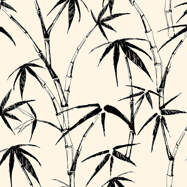 black_traditional wallpaper featuring a sketch of bamboo leaves and stems in black on a cream background.