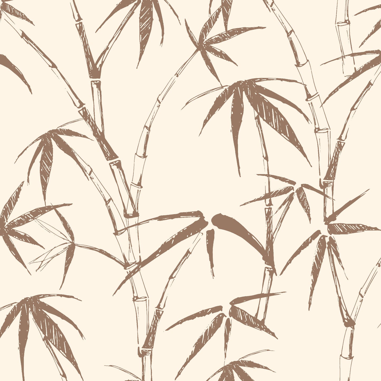 brown_traditional wallpaper featuring a sketch of bamboo leaves and stems in brown on a cream background.