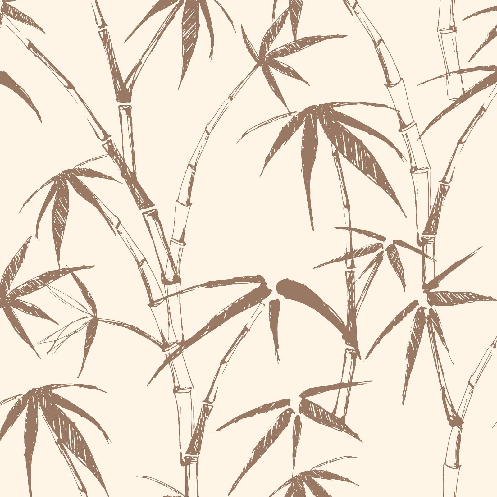 brown_traditional wallpaper featuring a sketch of bamboo leaves and stems in brown on a cream background.