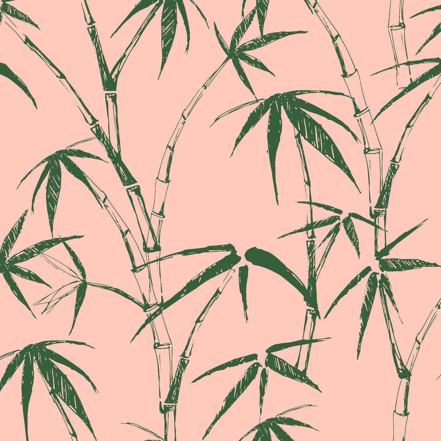dark-moss_traditional wallpaper featuring a sketch of bamboo leaves and stems in green on a pink background