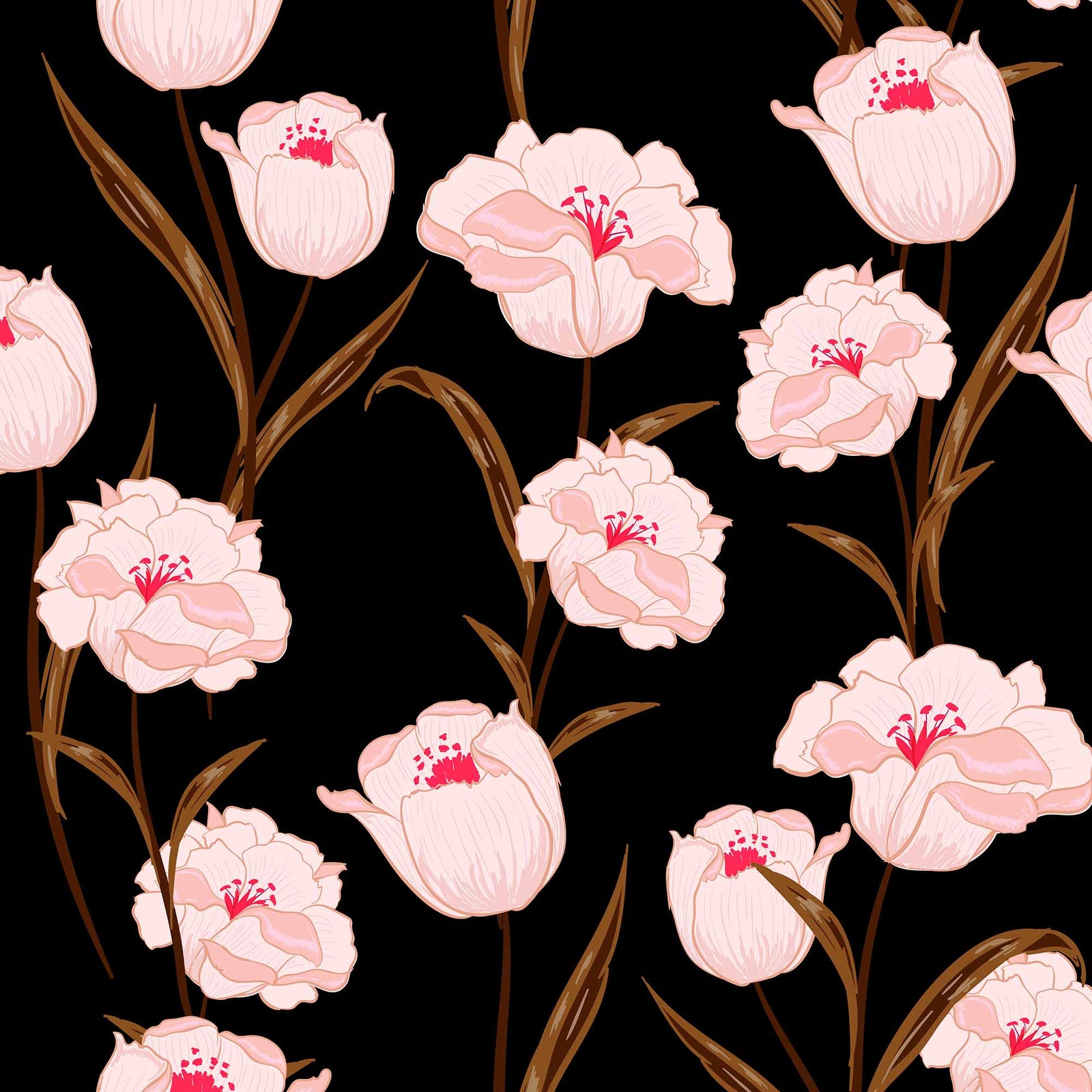 black_A wallpaper featuring a floral pattern with pink flowers and green leaves on a black background.