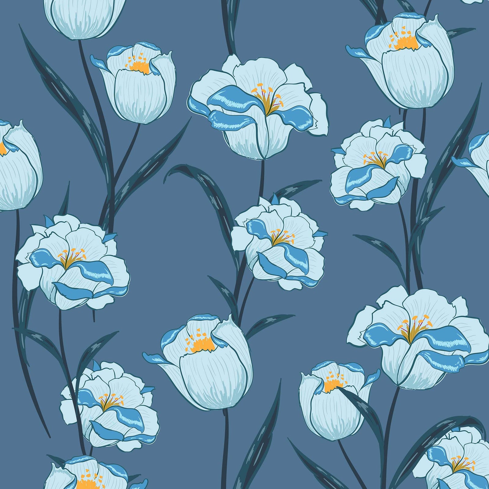 sky-blue_A wallpaper featuring a floral pattern with blue flowers and blue leaves on a blue background.