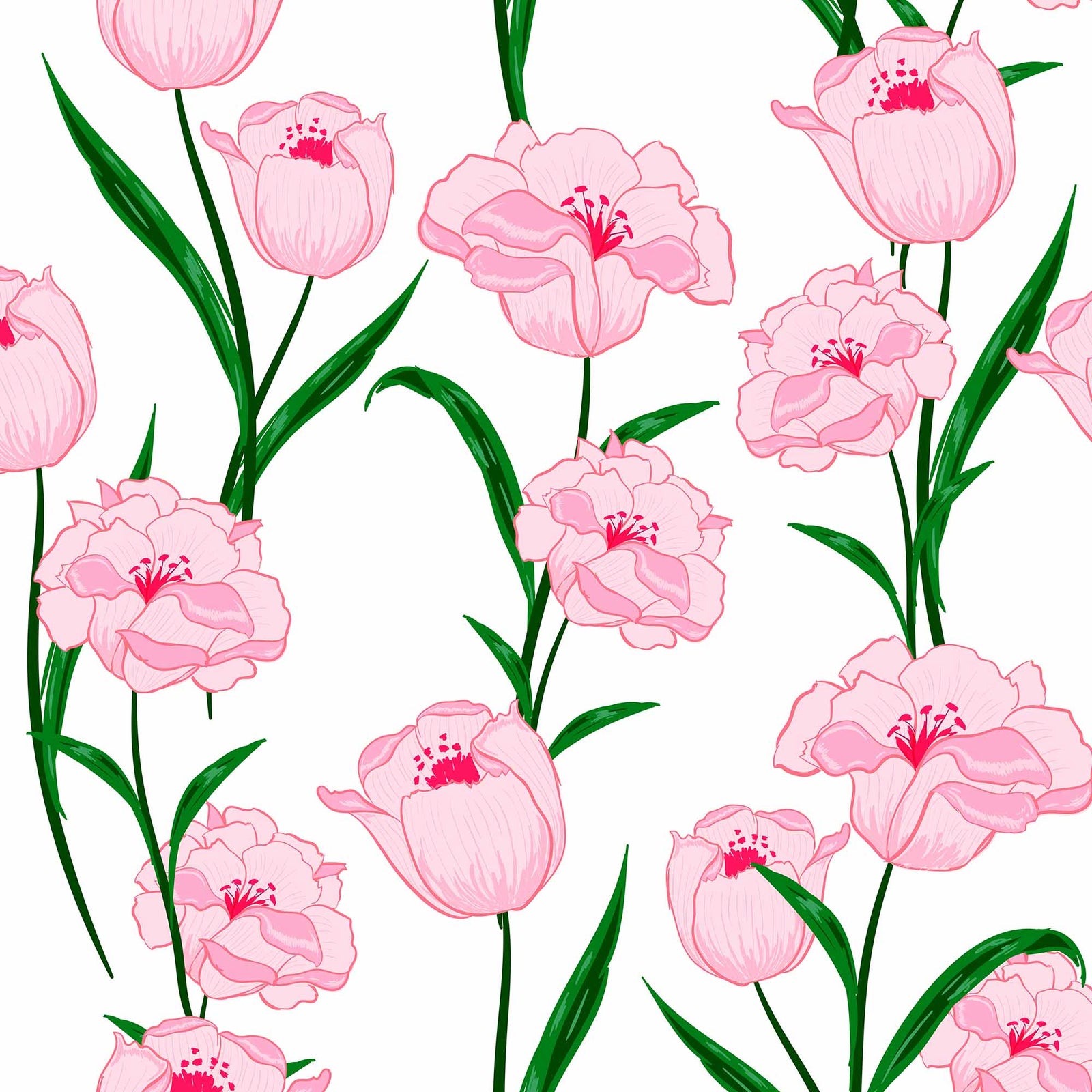 white_A wallpaper featuring a floral pattern with pink flowers and green leaves on a white background.