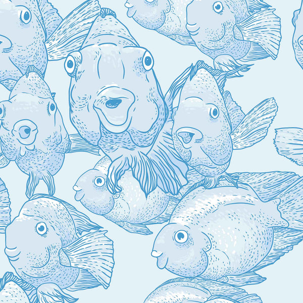 blue_A wallpaper featuring a pattern of illustrated blow fish in various shades of blue.