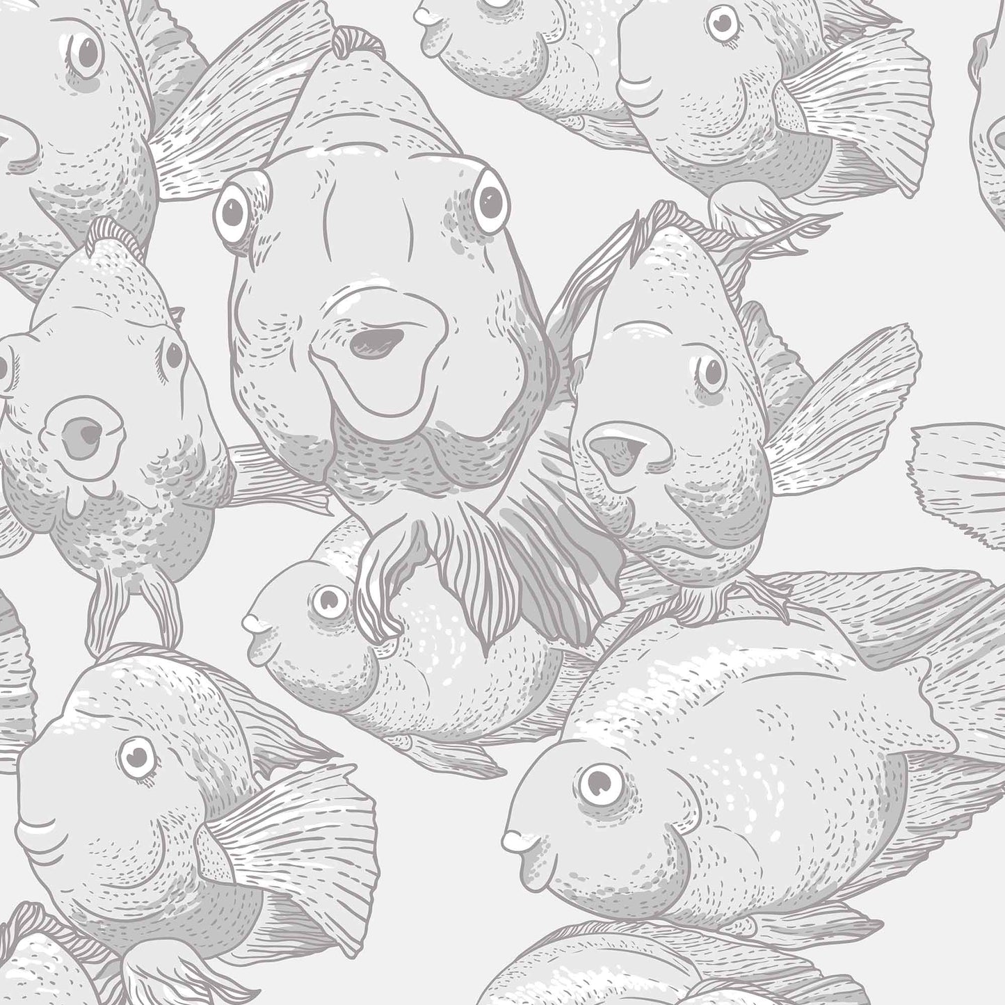 grey_A wallpaper featuring a pattern of illustrated blow fish in various shades of grey.