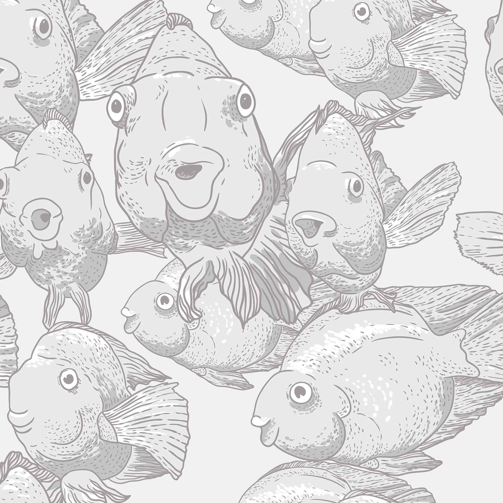 grey_A wallpaper featuring a pattern of illustrated blow fish in various shades of grey.
