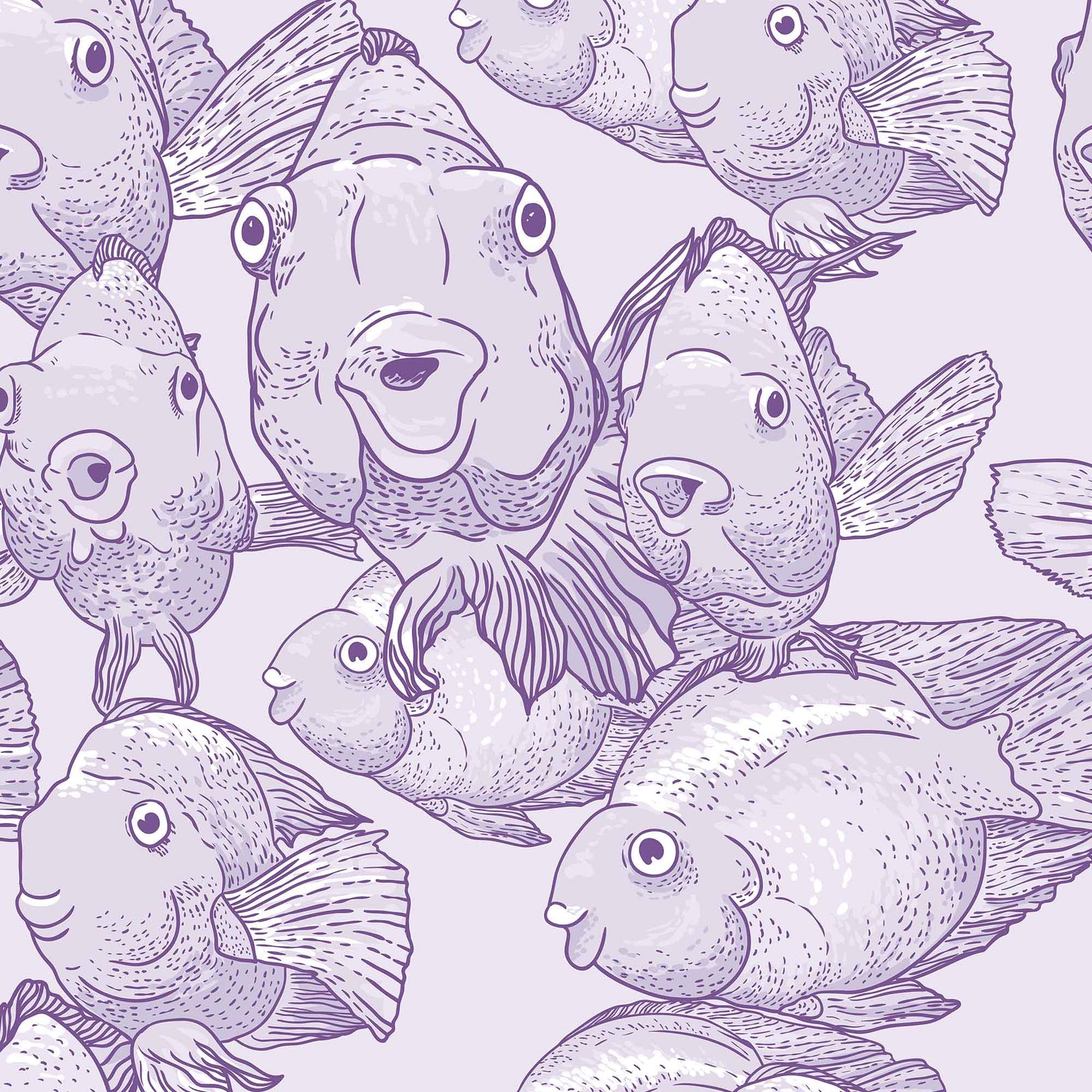 purple_A wallpaper featuring a pattern of illustrated blow fish in various shades of purple.