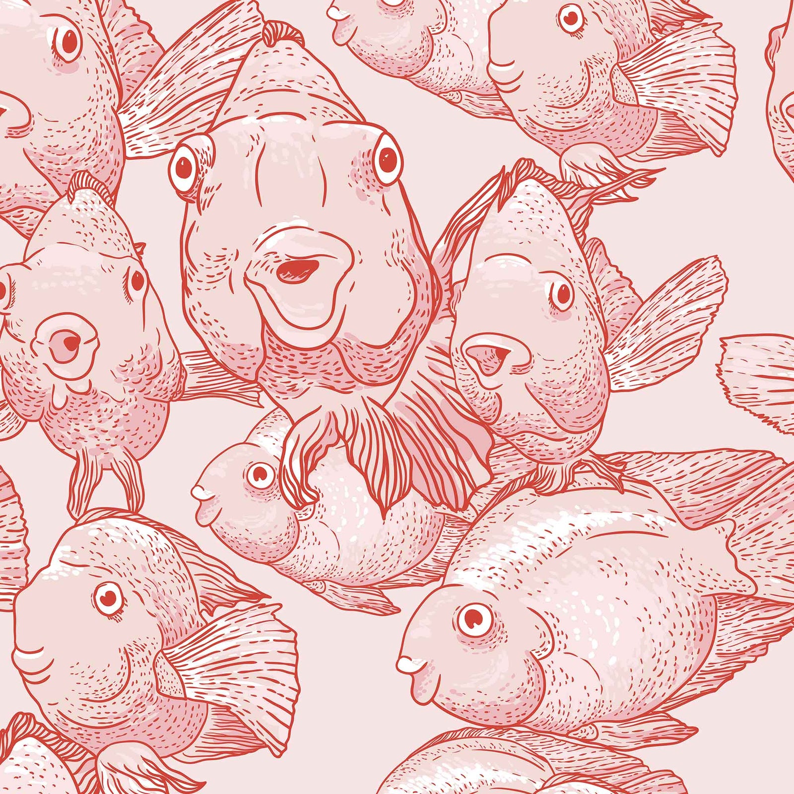 red_A wallpaper featuring a pattern of illustrated blow fish in various shades of red.