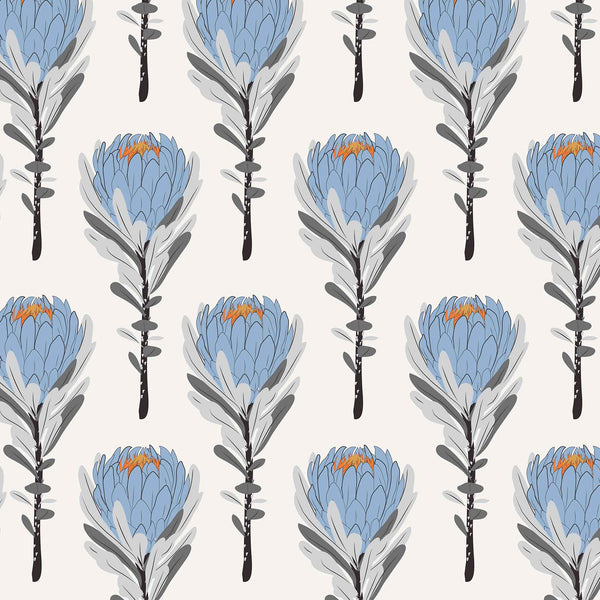 cream_A wallpaper pattern featuring blue floral designs on a lighter background.