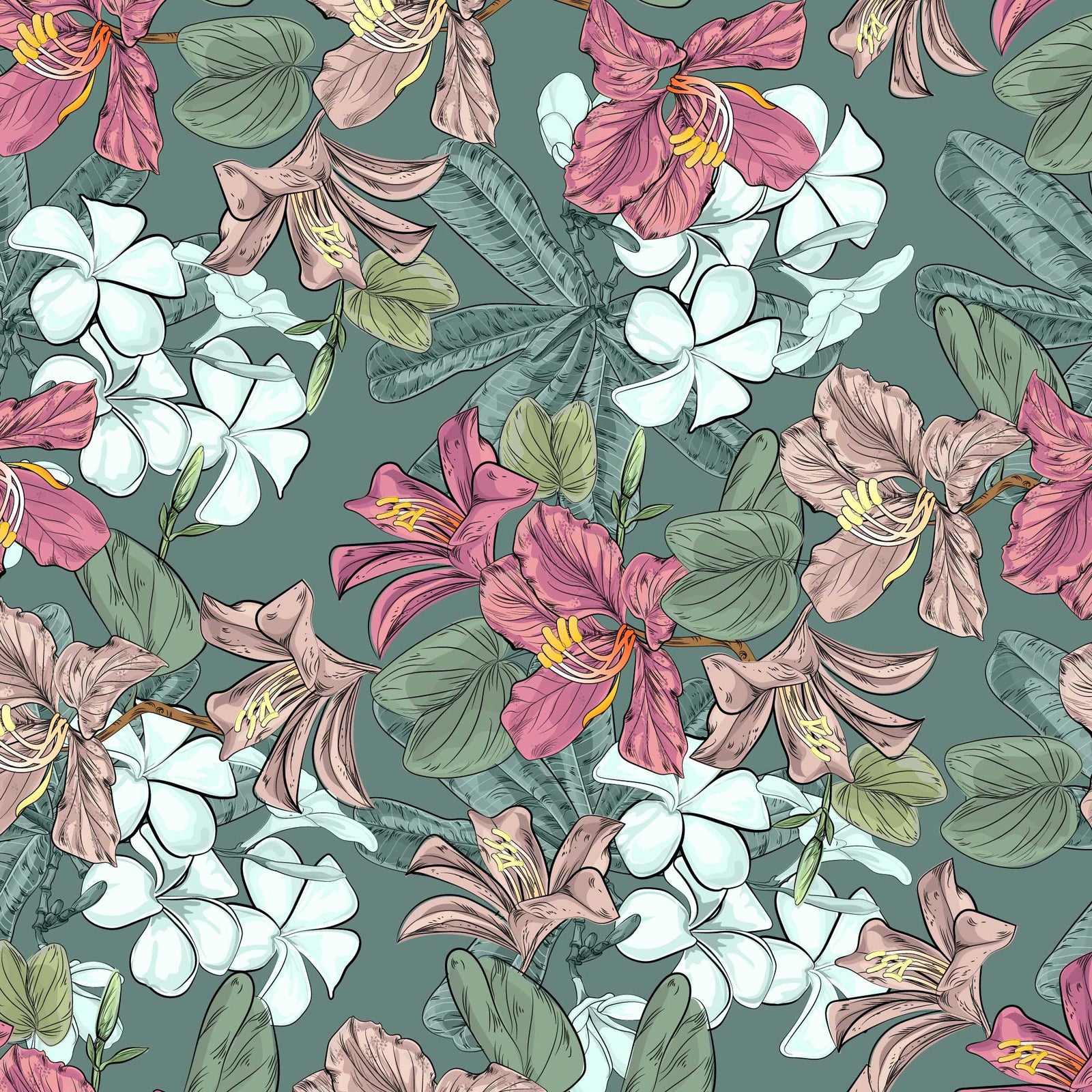 slate-green_boho floral pattern with slate green background and multi color flowers