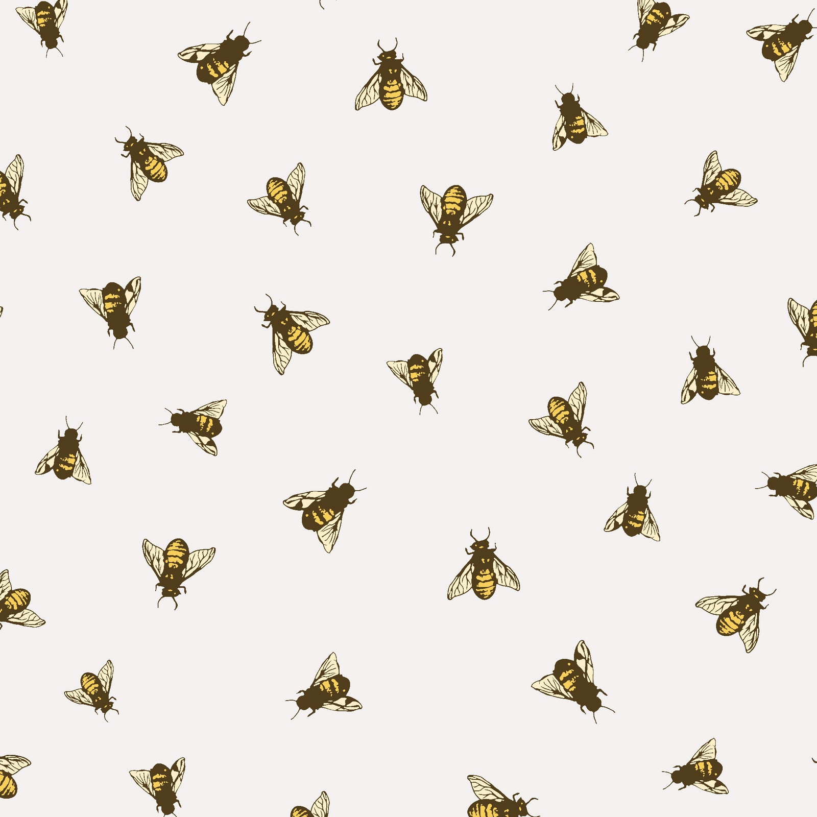 yellow_A wallpaper pattern featuring a repeating design of bees in flight against a off white background.