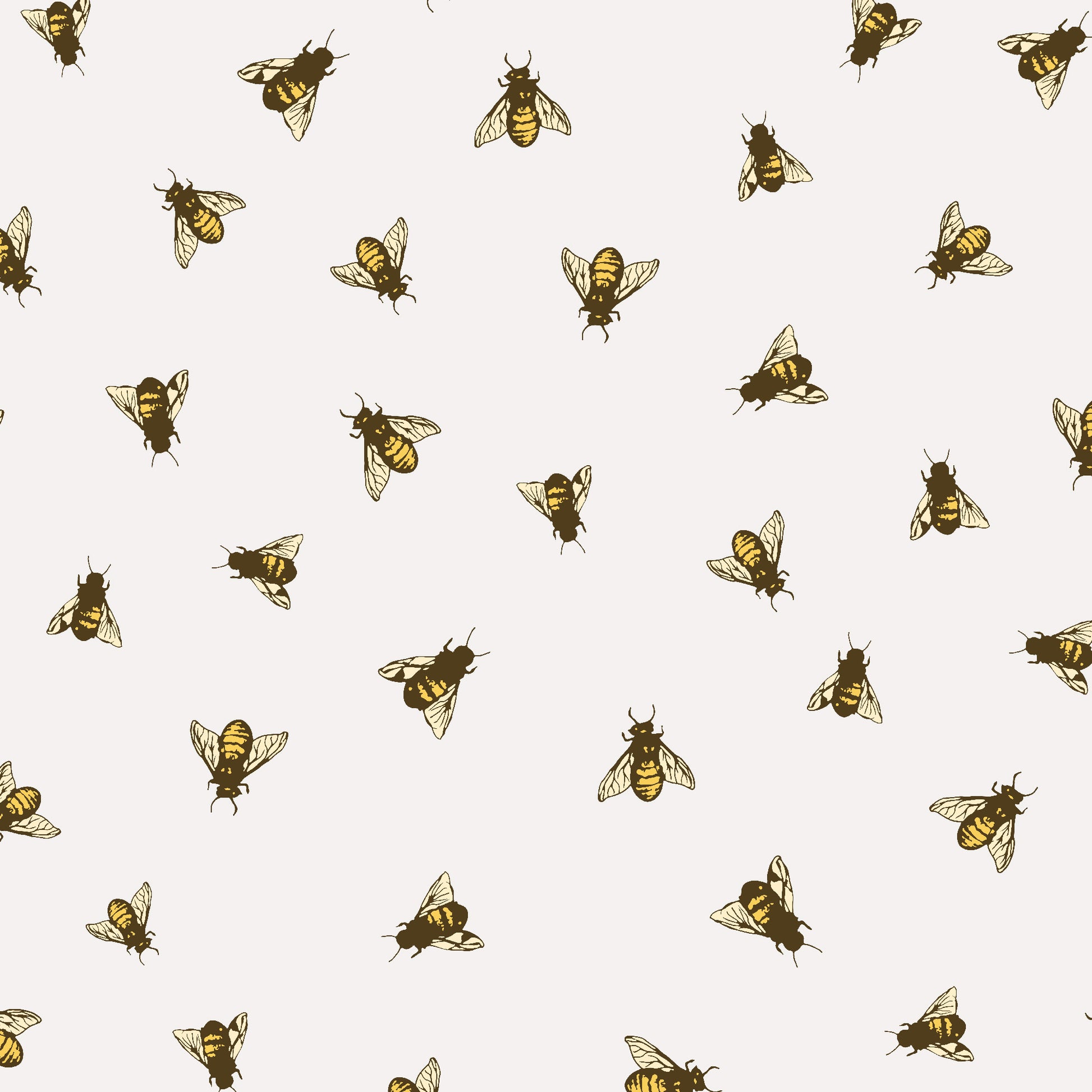 yellow_A wallpaper pattern featuring a repeating design of bees in flight against a off white background.