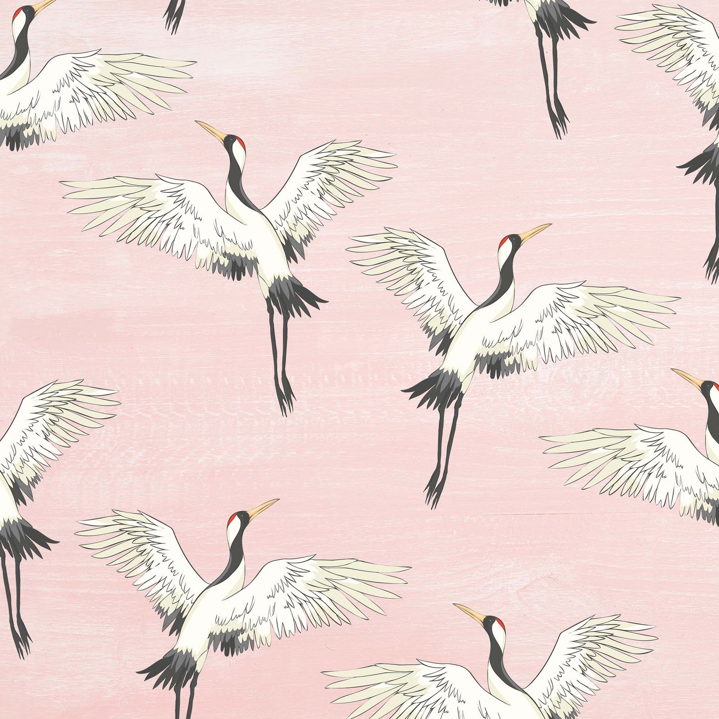 pink_A wallpaper featuring a pattern of white cranes with open wings on a pink background.