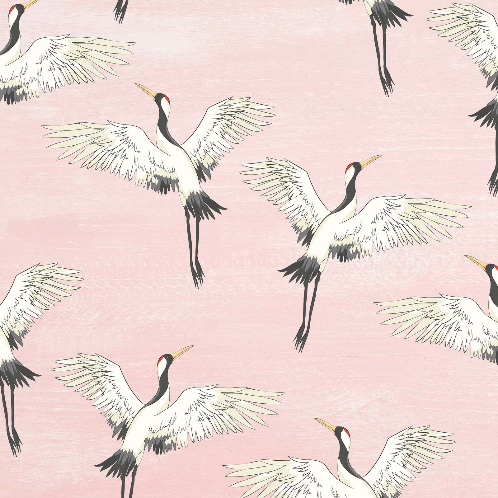 pink_A wallpaper featuring a pattern of white cranes with open wings on a pink background.