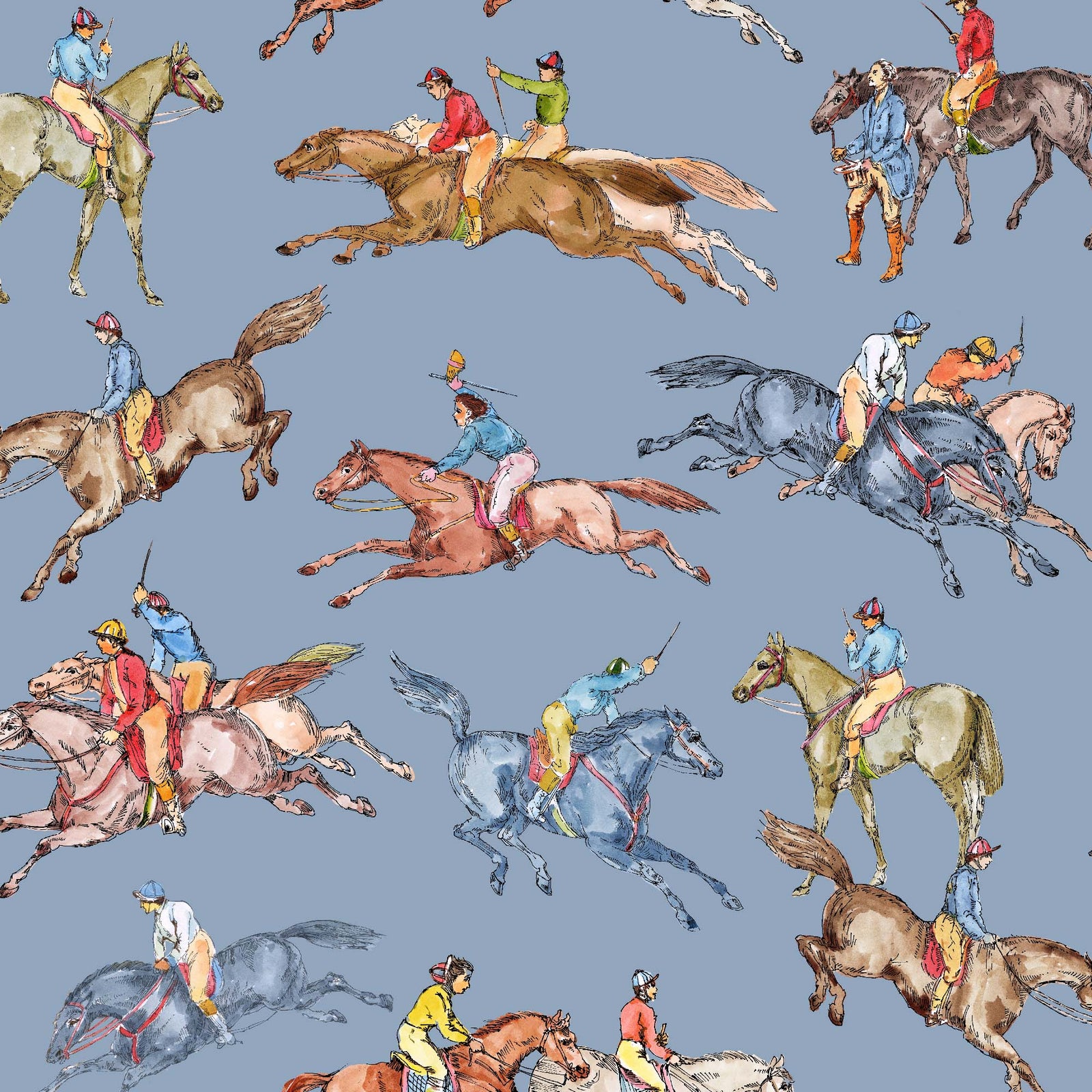 blue_Wallpaper pattern consisting of colorful derby horse riders on a blue background