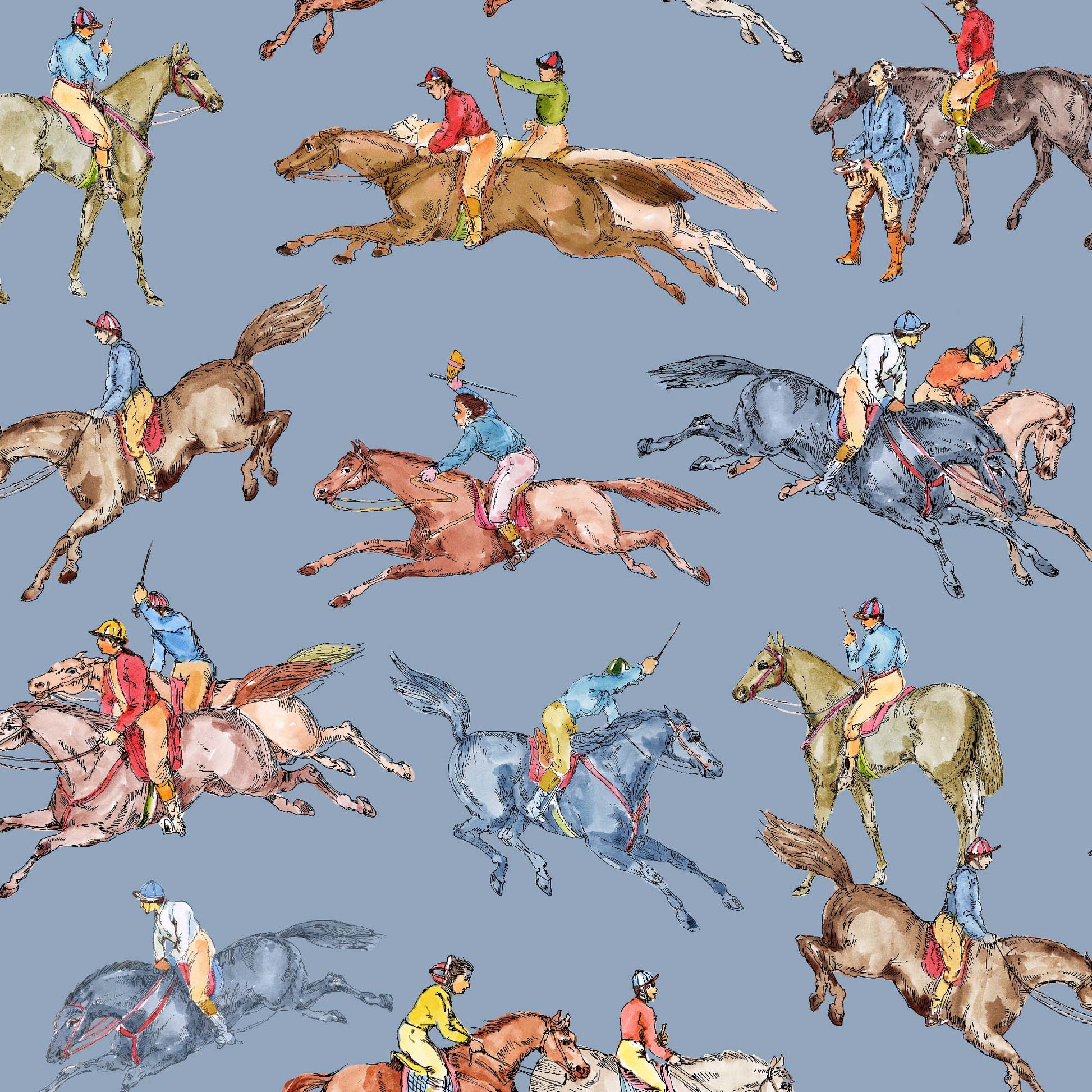 blue_Wallpaper pattern consisting of colorful derby horse riders on a blue background