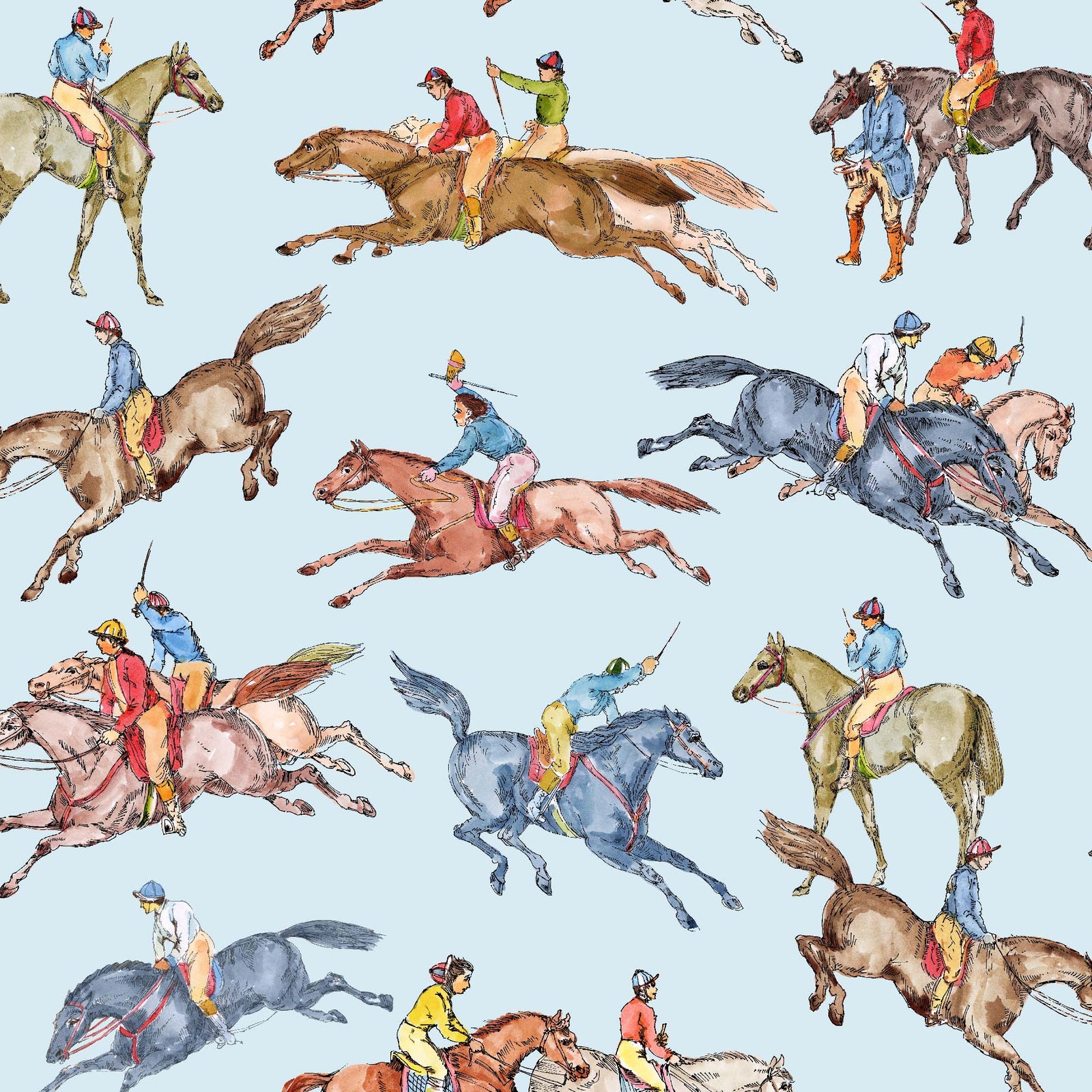 light-blue_Wallpaper pattern consisting of colorful derby horse riders on a light blue background