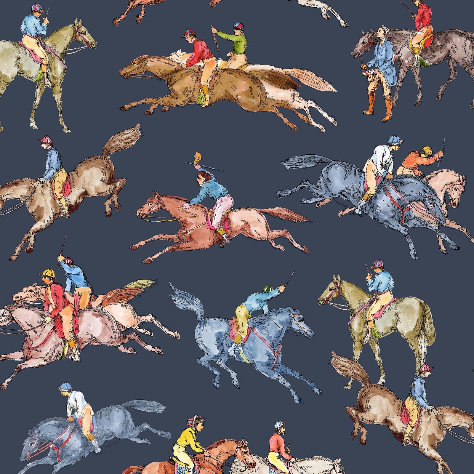 navy_Wallpaper pattern consisting of colorful derby horse riders on a light navy background