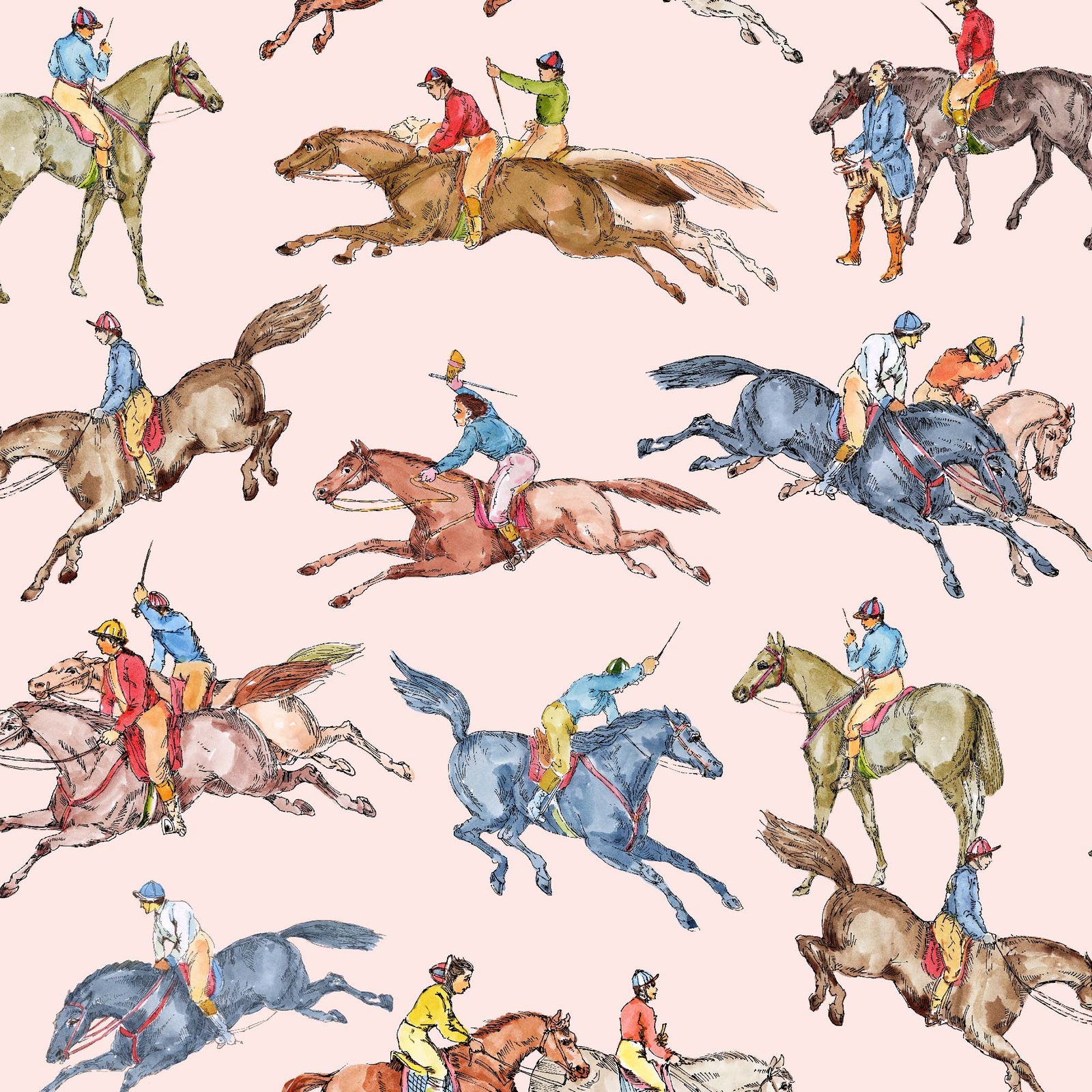 pink_Wallpaper pattern consisting of colorful derby horse riders on a pink background