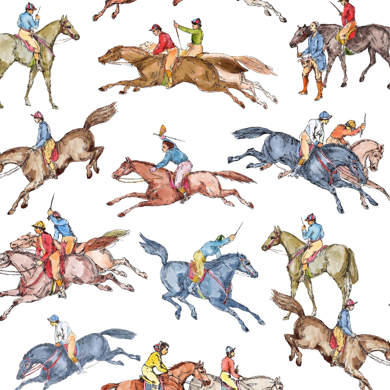 white_Wallpaper pattern consisting of colorful derby horse riders on a white background