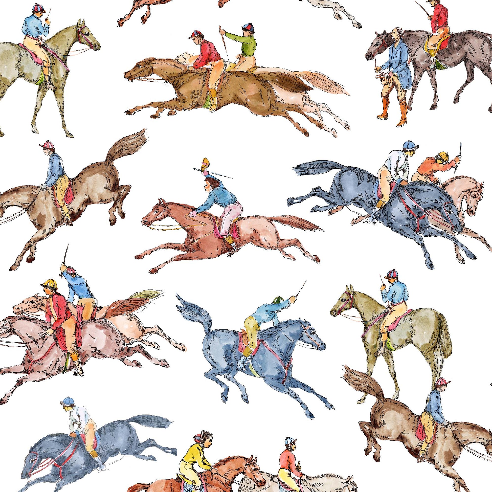 white_Wallpaper pattern consisting of colorful derby horse riders on a white background