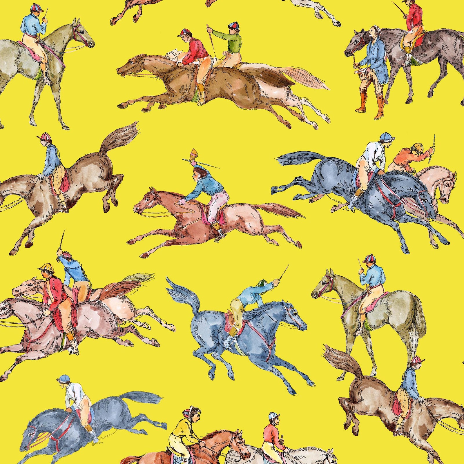 yellow_Wallpaper pattern consisting of colorful derby horse riders on a yellow background