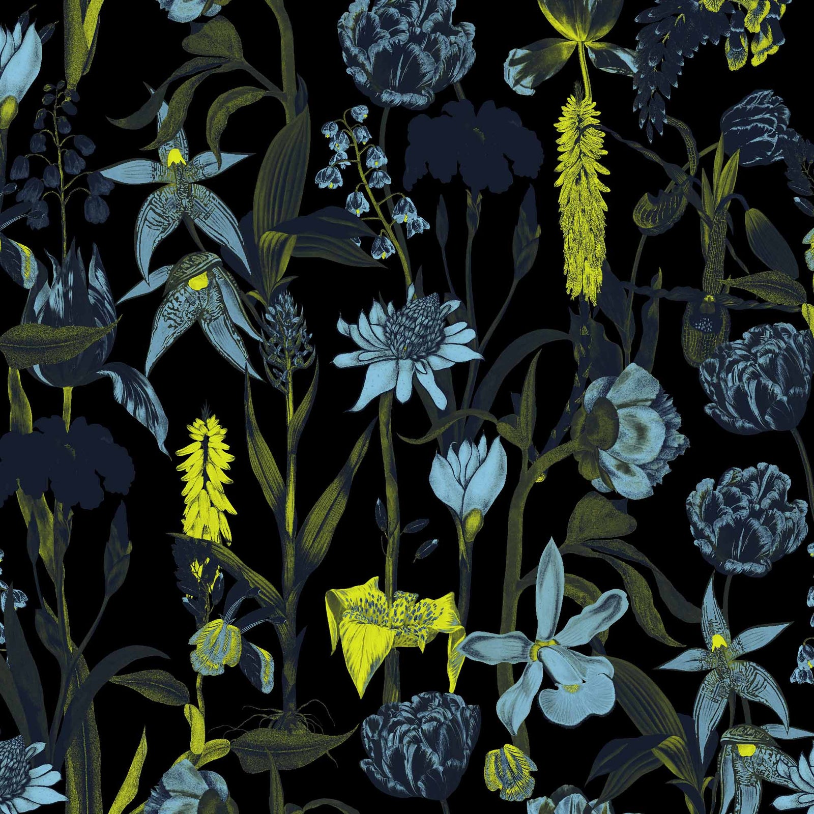 black_wallpaper displaying a floral pattern with various flowers in shades of dark blue, gray, and yellow on a black background.