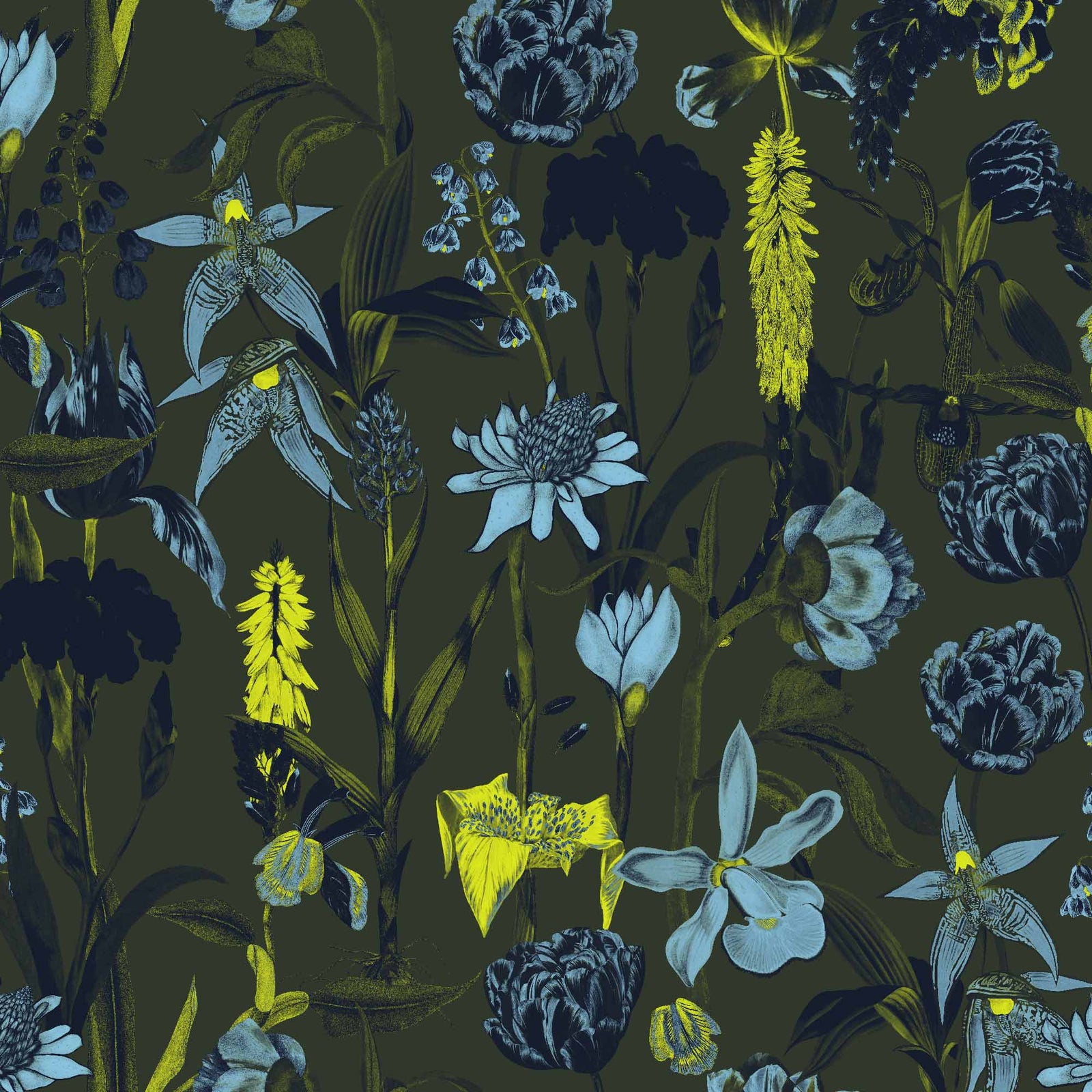 green_wallpaper displaying a floral pattern with various flowers in shades of dark blue, gray, and yellow on a green background.