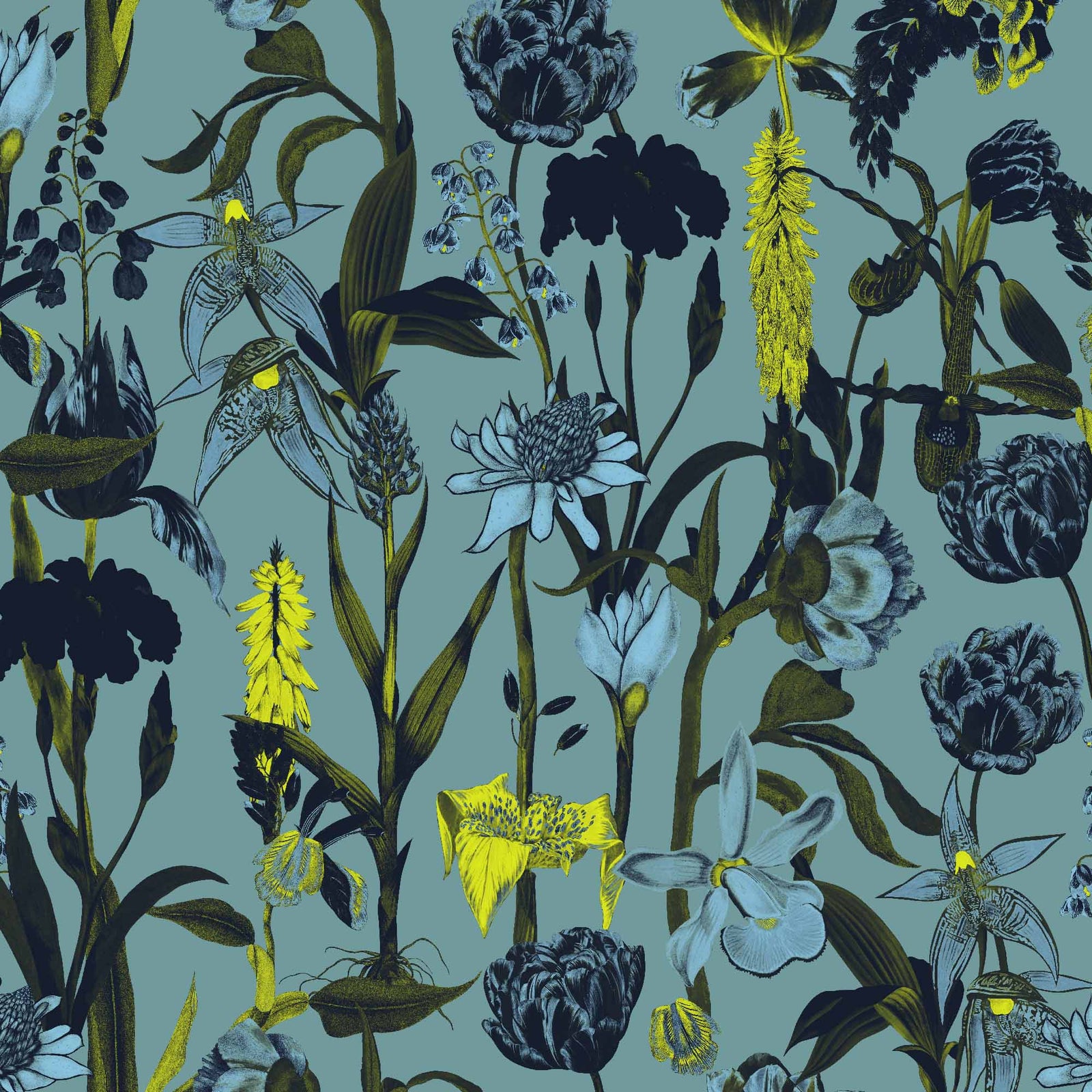light-blue_wallpaper displaying a floral pattern with various flowers in shades of dark blue, gray, and yellow on a light blue background.