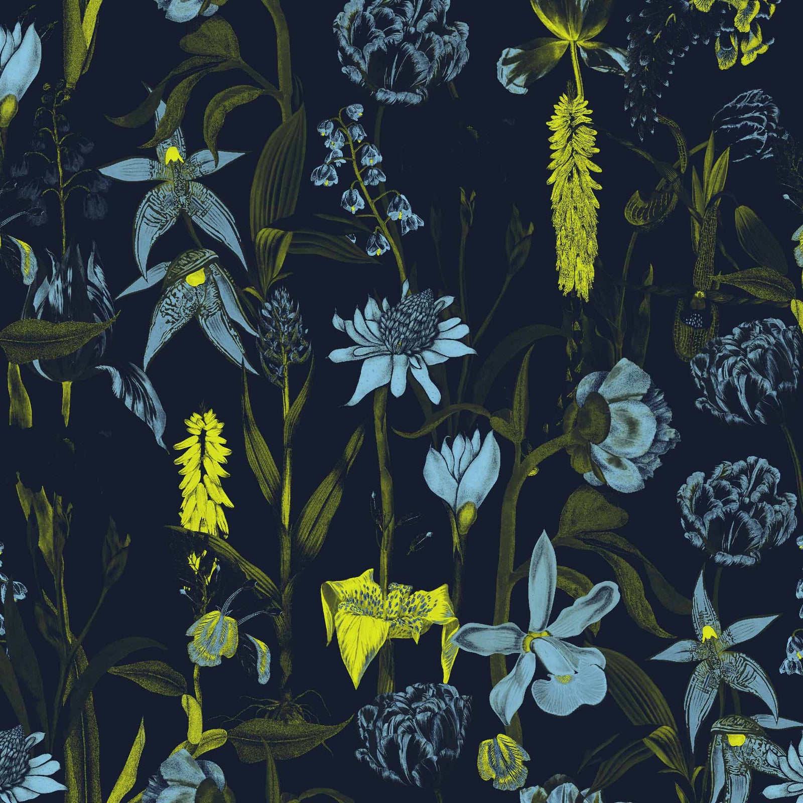 navy_wallpaper displaying a floral pattern with various flowers in shades of dark blue, gray, and yellow on a light navy background.