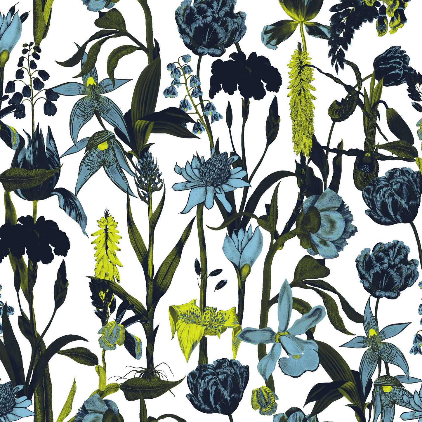white_wallpaper displaying a floral pattern with various flowers in shades of dark blue, gray, and yellow on a light white background.