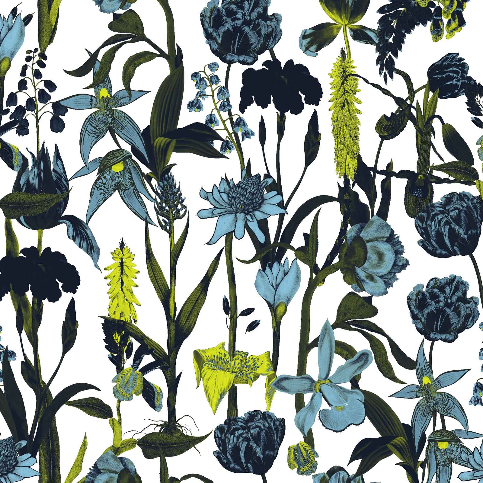 white_wallpaper displaying a floral pattern with various flowers in shades of dark blue, gray, and yellow on a light white background.